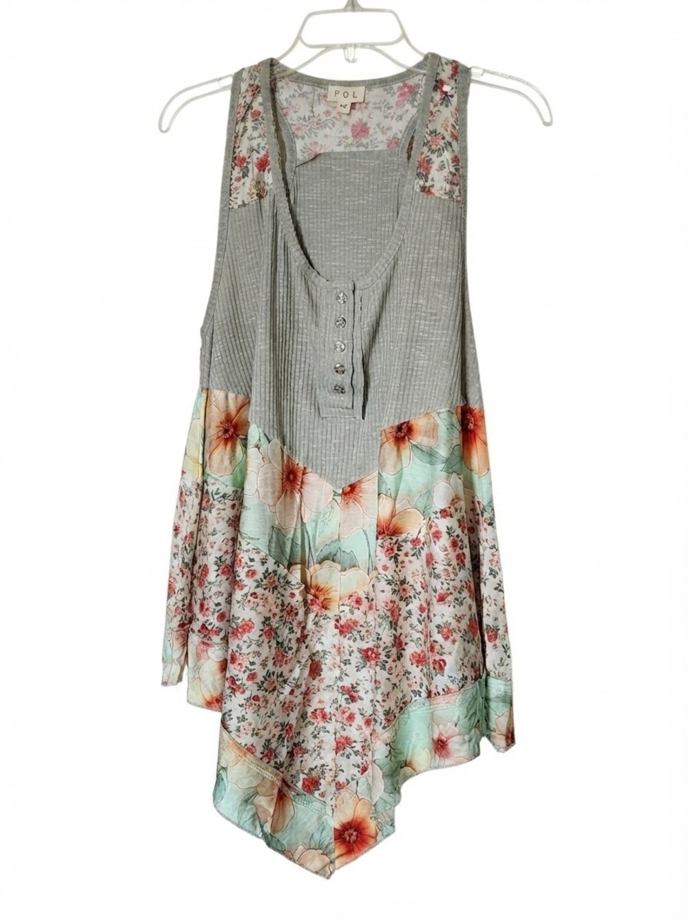 080-POL Floral Knit Shift Tunic Hi-Low Asymmetric Scoop Neck Sleeveless M